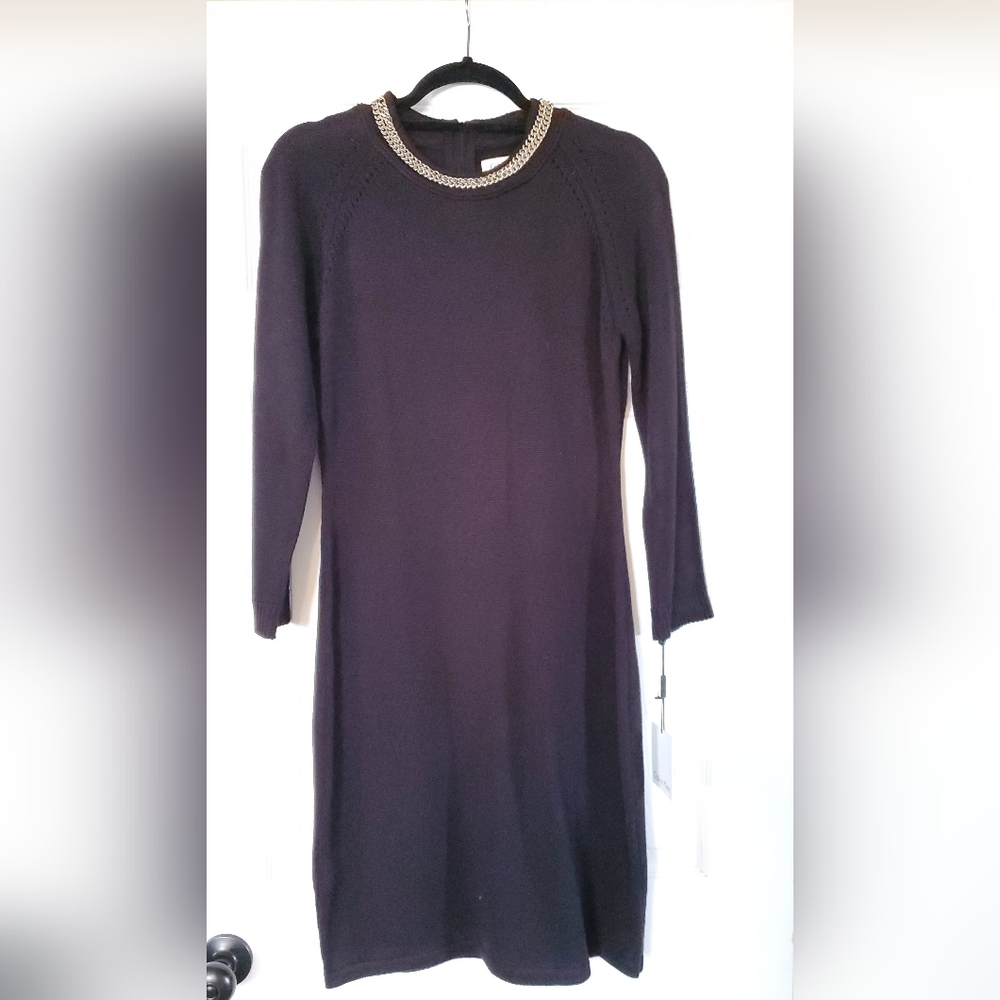 Calvin Klein Womens M Black Embellished Long Sleeve Sweater DressTop Back Zip